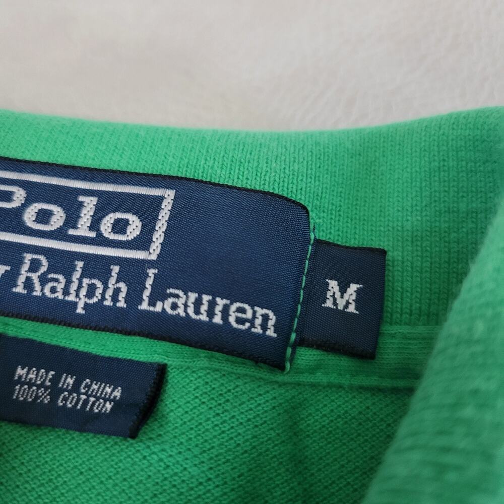 Vtg 90s Mens Ralph Lauren Polo Shirt Medium Green White Striped Short Sleeve - Picture 4 of 8